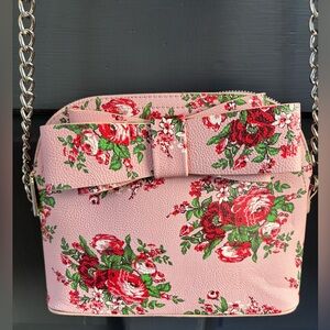 Betsy Johnson Floral Pink Bow Women's Shoulder Bag Purse Chain Strap Zipper